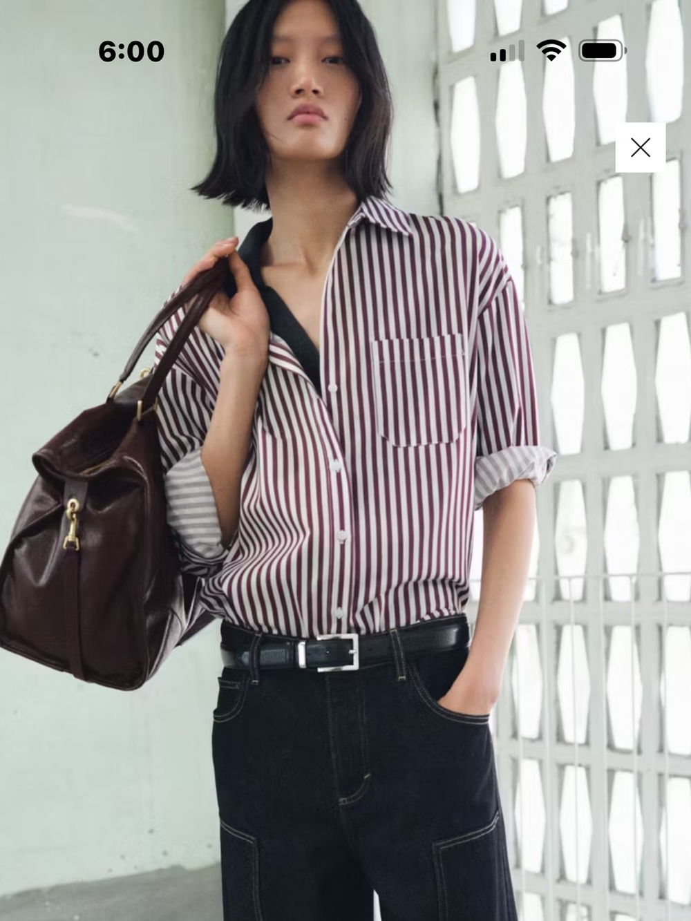 Mango Burgundy White Striped Oversized Button Down Shirt Size US 8 L